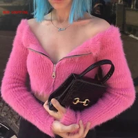 sweet maiden pink female sweaters furry front zip off shoulder horizontal neck slim fit knit top retro slim sweaters cardigan