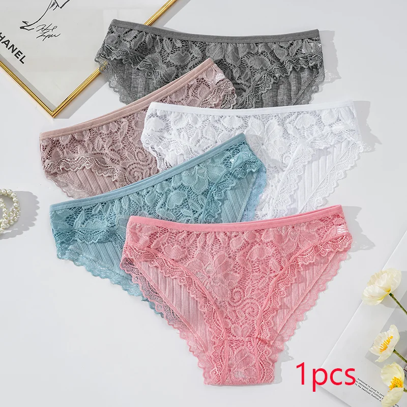 Women's Panties Lace Trimmed Female Lingerie Mid Waist Floral Underpants Solid Color Sexy Underwear For Woman