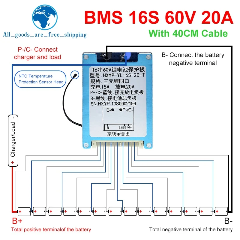 

TZT BMS 16S 60V 20A Lmo Ternary Li-ion Lithium 18650 Battery Charge Protection Board With Heat Sink With Temperature Control