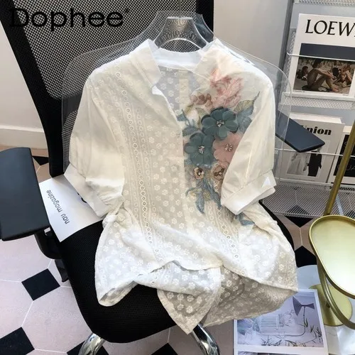 

Three-Dimensional Colorful Flower Sequins Embroidered V-neck Puff Sleeve Shirt Women's 2022 Summer New Casual White Cotton Top