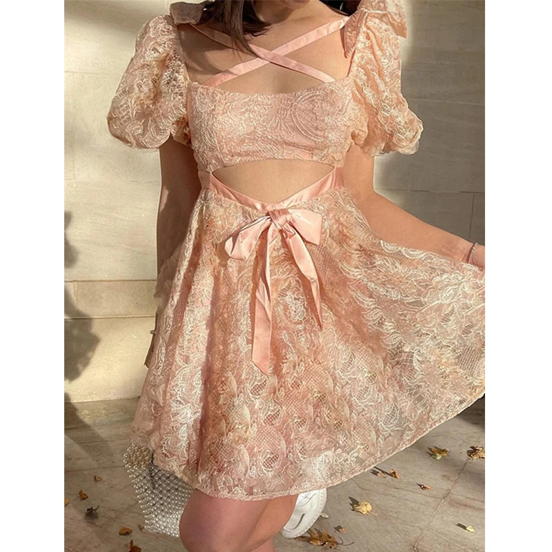 

Summer Kawaii Leisure Style A-line Mini Dress Ladies Cross Strap High Waist Square Neck Puff Sleeve Lace Floral Party Club Women