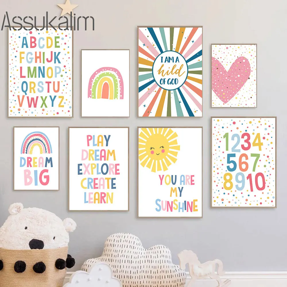 

Inspirational Quotes Painting Number Sun Rainbow Picture Colorful Letters Wall Art Painting Nursery Wall Poster Kids Room Decor
