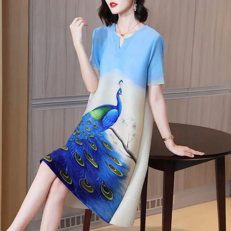 

Noble Temperament Pleated Dress 2022 Spring New Fashion Peacock Printed Aged Big Size Short Sleeve O Neck Dress Skirt E26