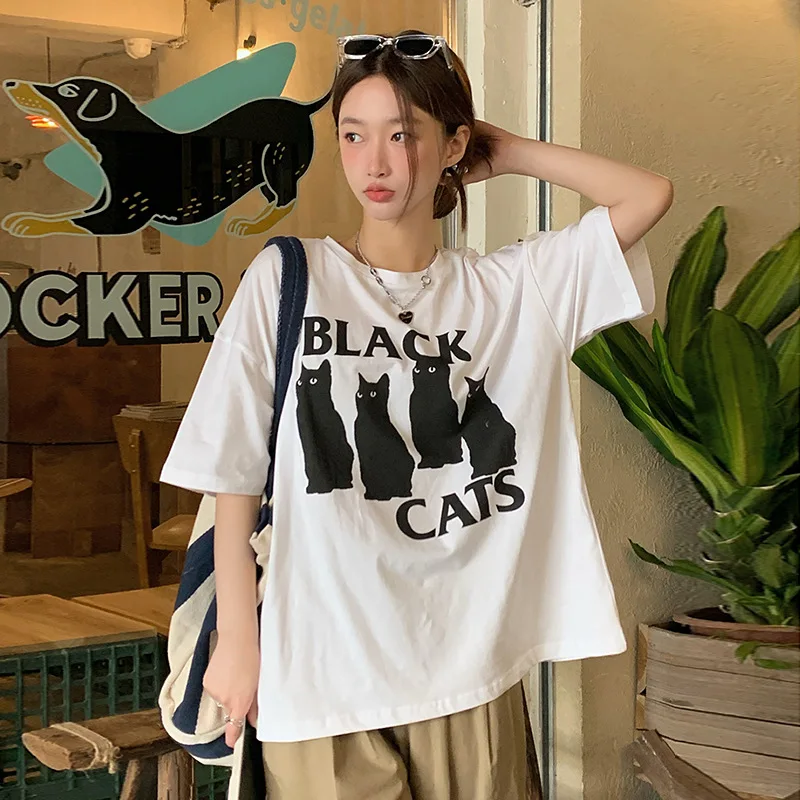 

Summer 2022 New Loose Large Size Cotton Sweet Cool Cat Short-sleeved T-shirt Women