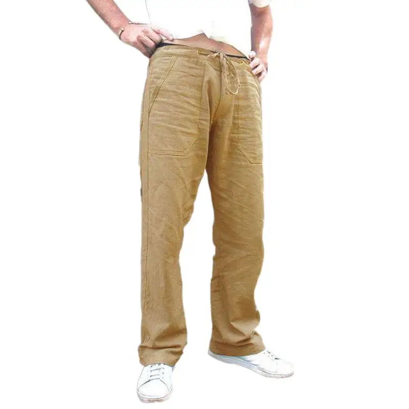 

2021 Thin Style Men Solid Color Cotton Linen Pants Summer Mid Waist Drawstring Straight Loose Pants Large Size Joggers Trousers