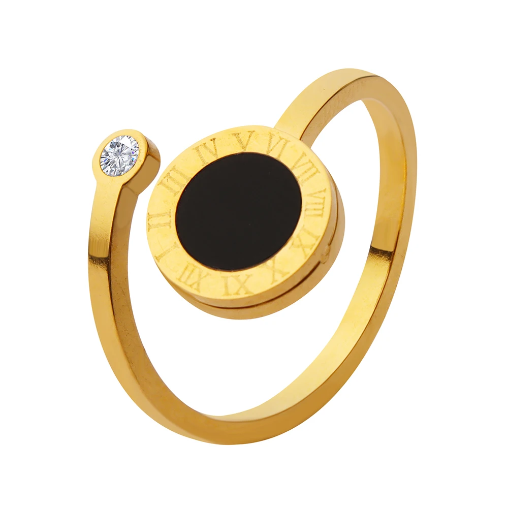 

Stainless Steel Gold Plated Black Round Roman Numeral Open Ring With Zircon For Women Fashion Ring Jewelry Gift