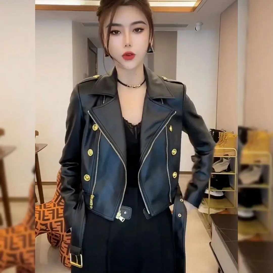 1pcs Women's PU Leather Jackets Coat 2022 Autumn Fashion Faux Fur Sequins Splicing Zipper Ladies Skinny Locomotive Small Coats