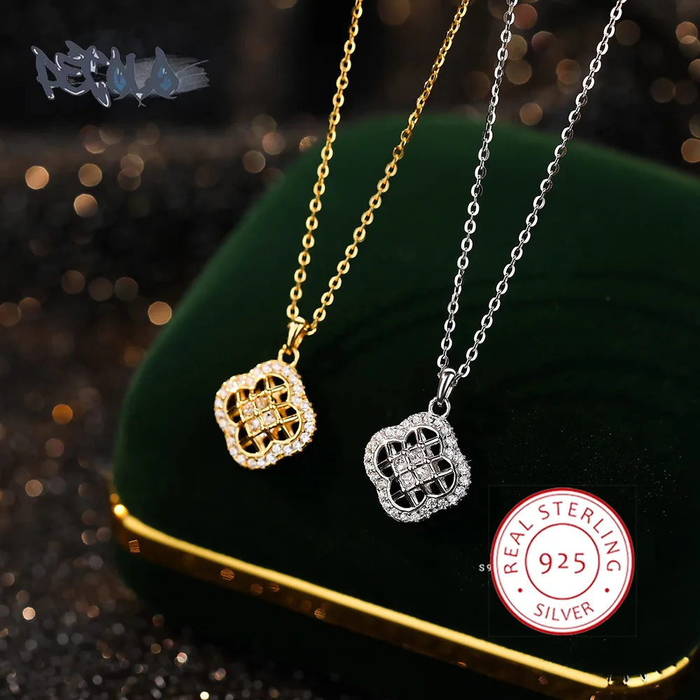 

S925 Sterling Silver Necklace for Women High Quality Shiny Zircon Four-leaf Clover Pendant Fashion Hollow Collar Bone Chain