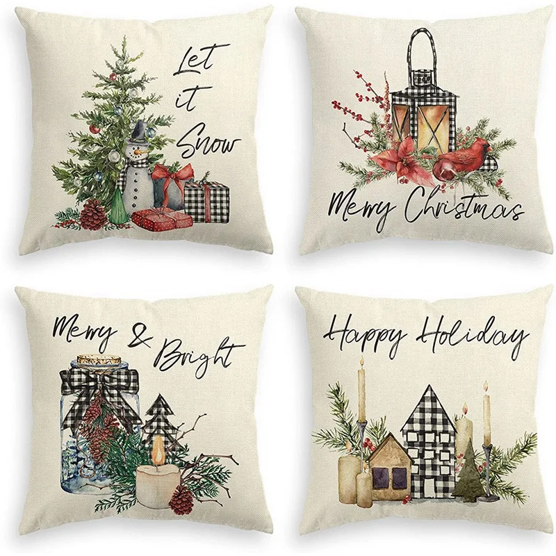 

Christmas Throw Pillow Covers 18X18 Set Of 4, Buffalo Check Plaid Snowman Tree Cushion Case Decoration For Sofa Couch