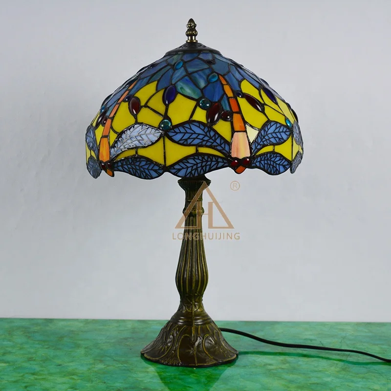 

LongHuiJing Tiffany Lamp Table Top Stained Glass Bedside Lamp Living Room Bedroom Blue Yellow Dragonfly Style 12Inch lamps