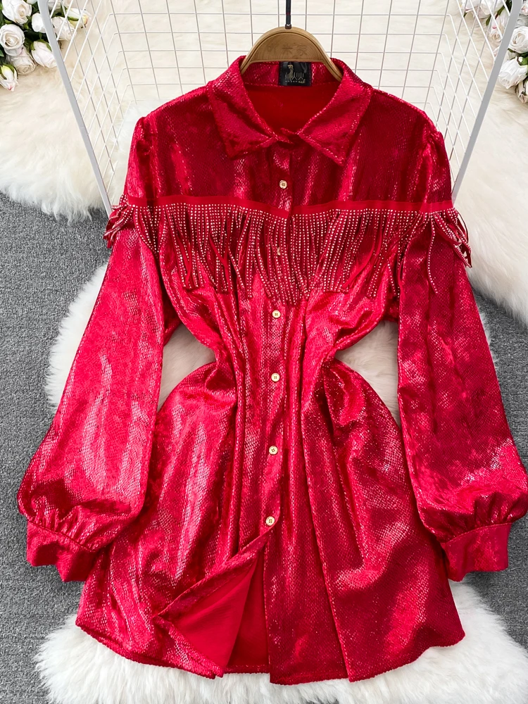 

Spring Autumn Vintage Women Diamonds Tassel Mini Dress Elegant Turn-Down Collar Long Sleeve Single Breasted Vestidos Female New