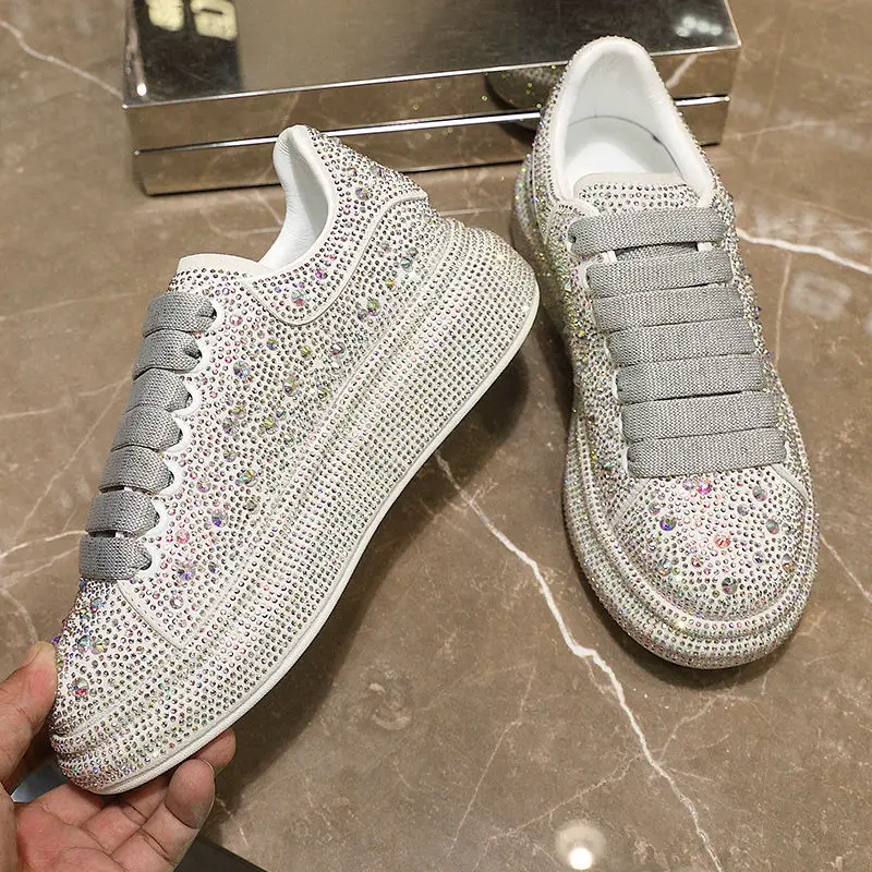 New 2023 Autumn Women Platform Shoes rhinestones Thick-soled White Silver Shoes Shining Crystal Sneakers Trend Casual Sneakers