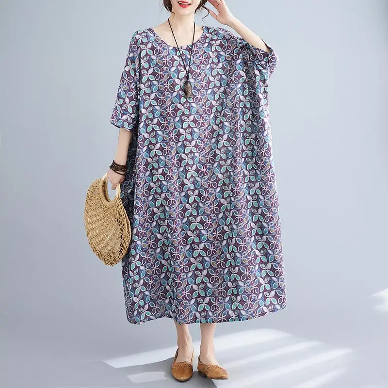 Женское льняное платье с круглым вырезом Dimanaf винтажное длинное свободного