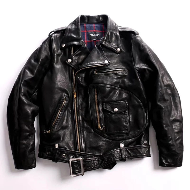 

Spring Autumn Japanese Motorcycle J22 Horse Skin Jacket Men Women Lovers Lapel Oblique Zipper Belt Genuine Leather Coat