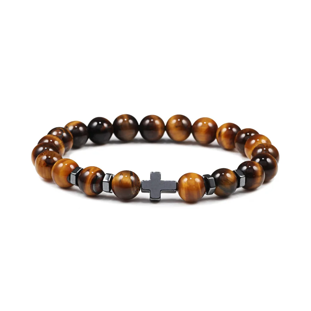 

Volcanic Stone Tiger Eye Stone Hand Beaded Elasticity Bracelet Bangle Black Gallstone Cross Religious Belief Accessories Gift