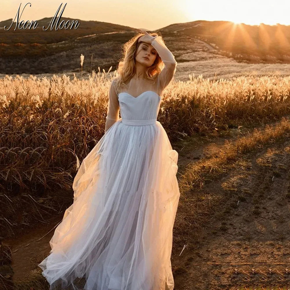 

Boho Women's Wedding Dresses A-line Chiffon Strapless Bride Dress Backless Long Sleeve Sweetheart Bridal Gown Vestido De Novia