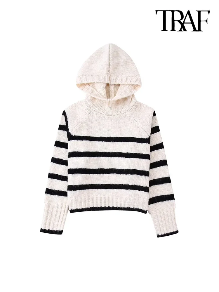 

TRAF Women Fashion Oversized Striped Knit Sweater Vintage Hooded High Collar Long Sleeve Female Pullovers Chic Tops