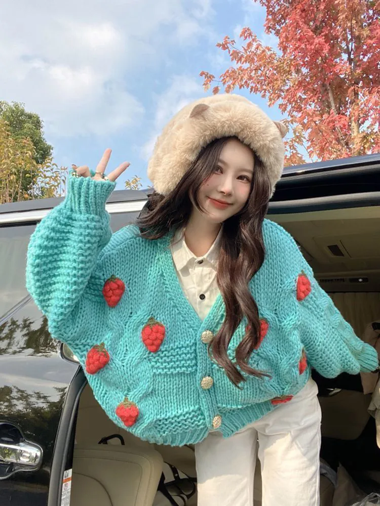 

Winter Sweater Harajuku Strawberry Loose Cardigan Sweater Fall Fashion Long Sleeve Korean Tops Chic Female Preppy Style Y2k Coat