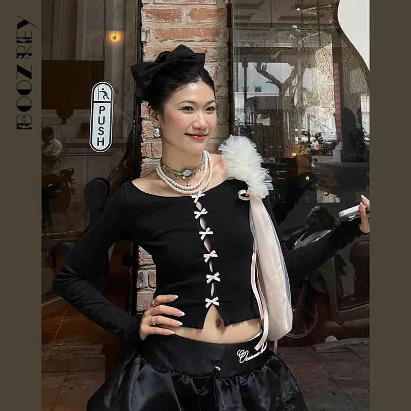 BoozRey Новинка осени 2024 дизайнерский топ с вырезом лодочкой и бантом однотонный