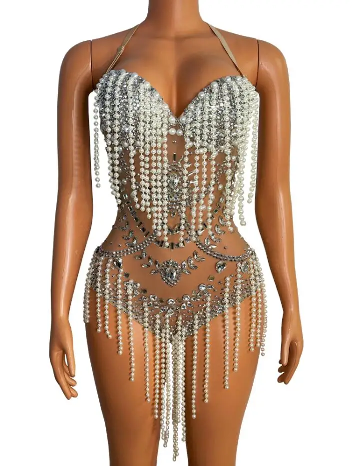

New Design Pearls Fringes Silver Stones Bodysuit Evening Birthday Celebrate See Through Outfit Female Singer Show Costume