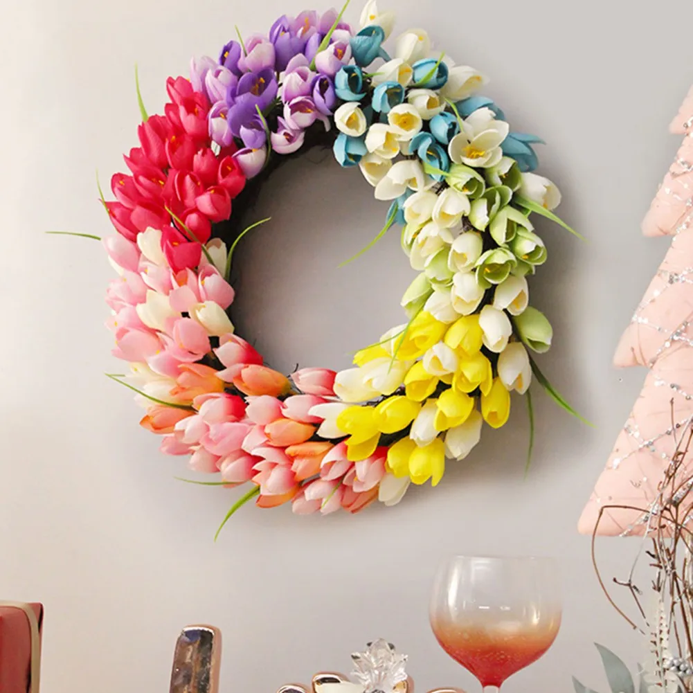 

Rainbow Tulip Wreath Front Door Fake Spring Silk Flower Wreath Home Wall For Valentines Day Decoration Wedding Decor