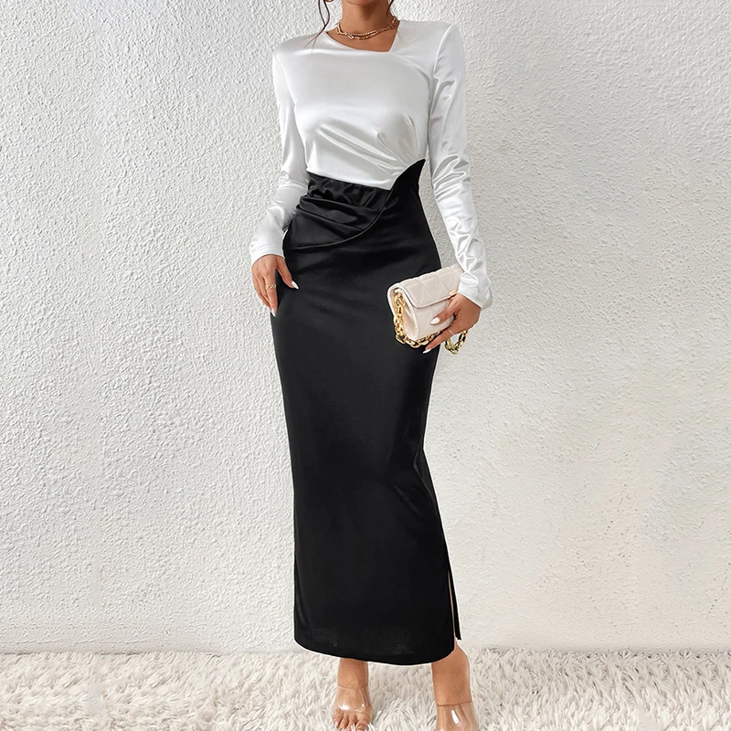 

Elegant Maxi Dress Women Fake Two Pieces Slim Bud Office OL Workwear Ladies Long Sleeve Party Club Birthday Prom Dresses Black
