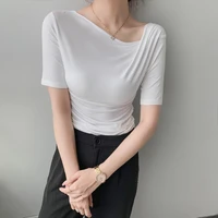 women basic cotton short sleeve slim elastic t shirts new fashion skew collar folds tops ladies elegant summer sexy tee shirt