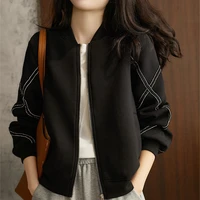 basic black bomber jackets women korean elegant office ladies top outwear 2021 spring autumn casual zipper baseball coat