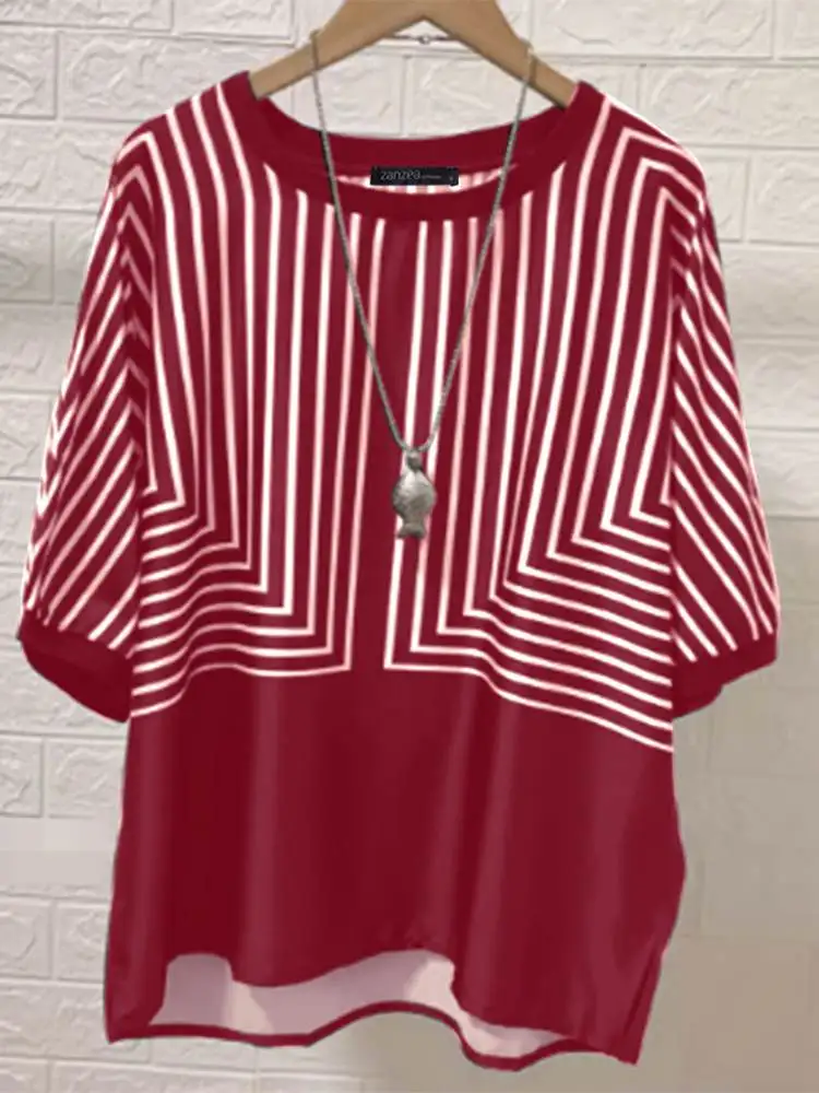 Блузка ZANZEA женская с коротким рукавом праздничная принтом в полоску топ круглым