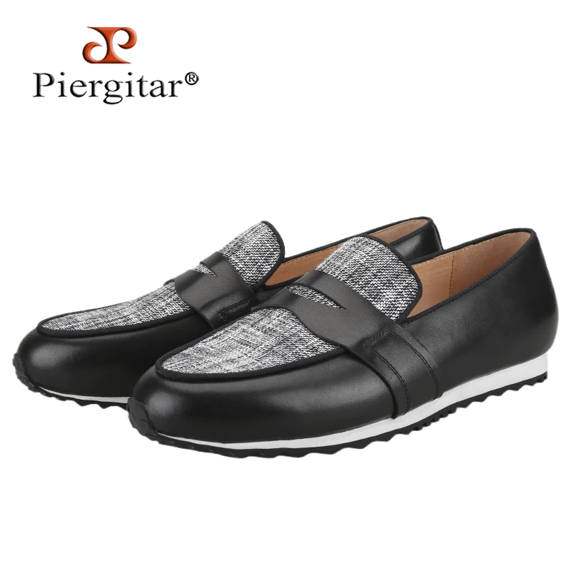 

Piergitar Black Nappa Cowhide Patchwork Striped Fabric Men's Clunky Sneaker Handmade Penny Loafers Mixed Colors Rubber Outsoles