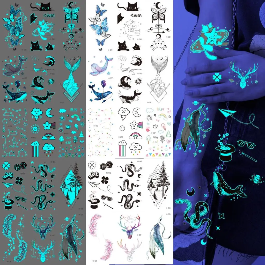 

Blue Luminous Forest Temporary Tattoos For Women Glow In Dark Feather Deer Fake Tattoo Sticker Girls Teens Arm Snake Cat Tatoos
