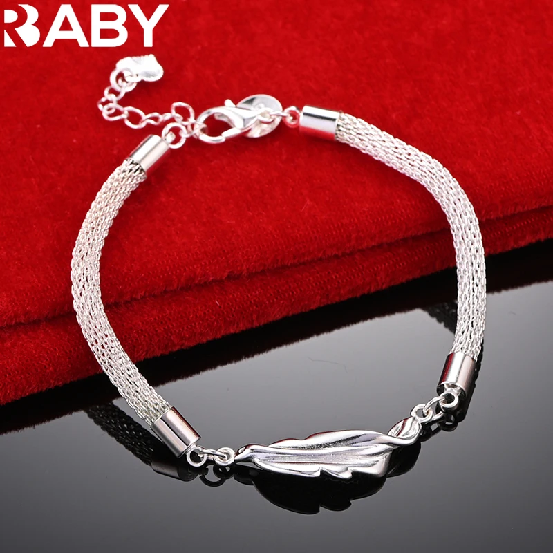 

URBABY 925 Sterling Silver Feather Bracelet For Women Fashion Wedding Party Elegant Accessories Charm Jewelry Christmas Gift