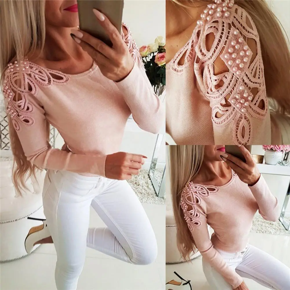 

Women Blouse Hollow Shoulder Popular Beads Pure Color Crew Neck T-shirt