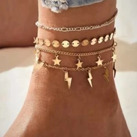 4pcsset gold color simple metal chain anklets bracelet for women boho star lightning anklet barefoot beach simple foot jewelry