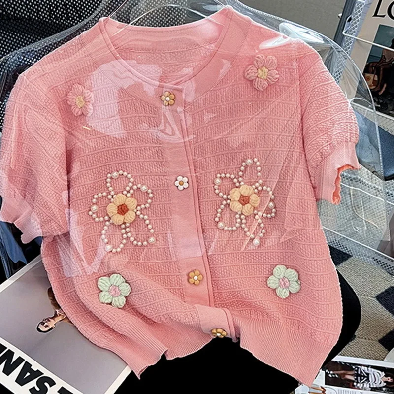 

2022 Summer Sweet Three-dimensional Floral Beaded Knitted Cardigan Women's Short Sleeve Sweater Vintage O Neck Knitwear Crop Top