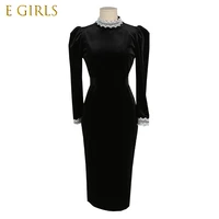 e girls korean design autumn and new velvet dress black high end temperament slim body show thin midi dress with a bottom