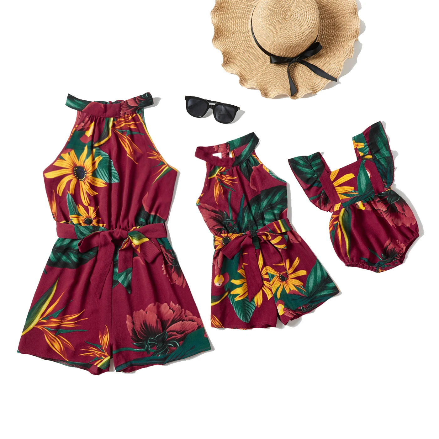 

MUMU Floral Print Sleeveless Matching Red Shorts Rompers for Mommy and Me