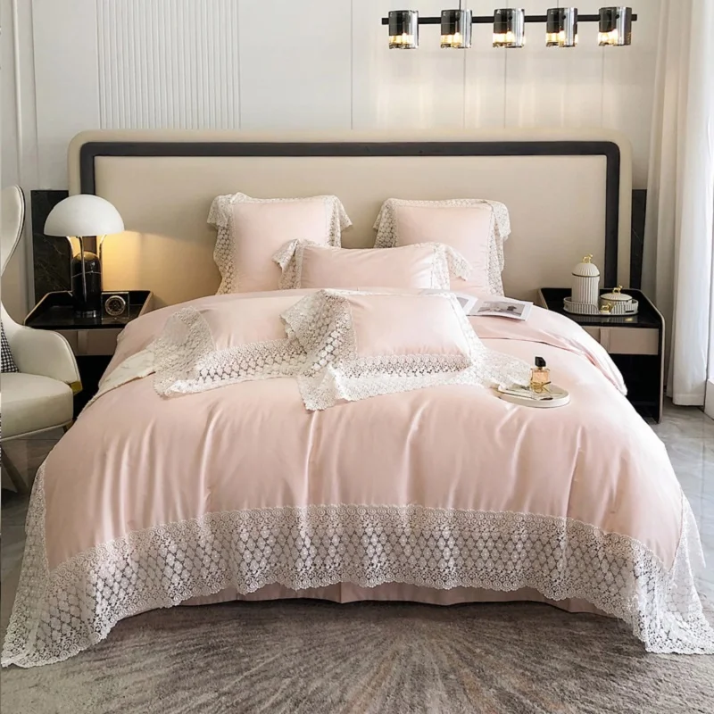 

Romantico White Flowers Lace Edge Princess Wedding Bedding 140S Egyptian Cotton Quilt Duvet Cover Set Bed Linen Pillow Shams