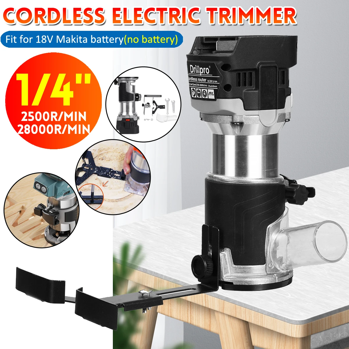 

Cordless Electric Hand TrimmerTrimming Machine Wood Router For 18V Battery Portable Woodworking Engraving Slotting Carving Tool