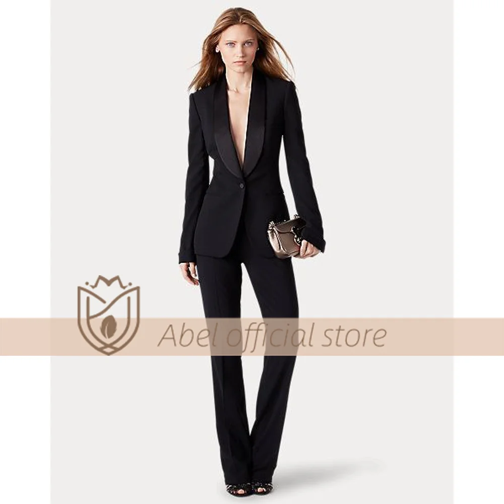 

Customizable Women's 2-Piece Suit: Single-Breasted Blazer with Satin Notch Lapel and Long Pants - Office, Casual, Party, Wedding