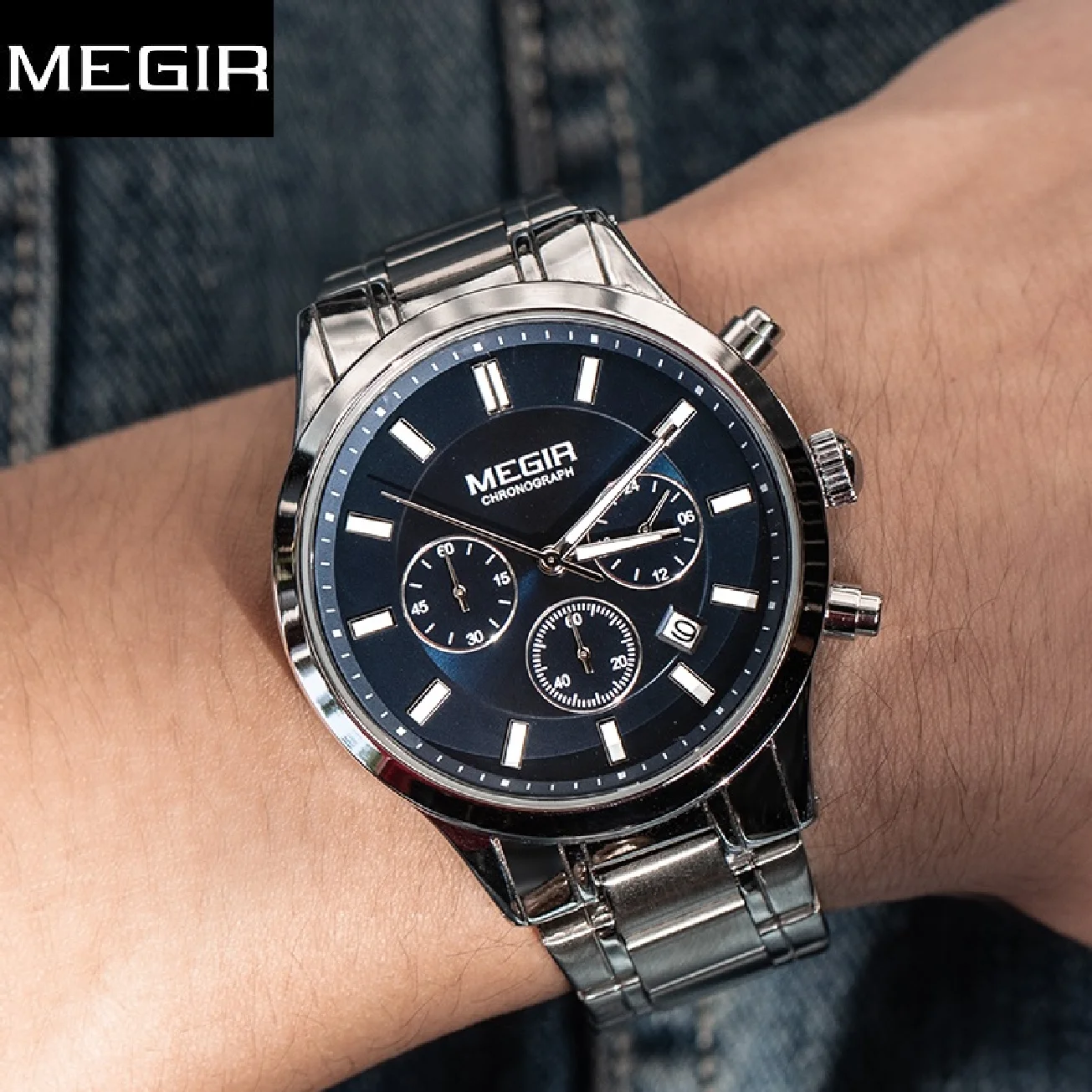 

MEGIR Brand Luxury Men Stainless Steel Band Sport Chronograph Quartz WristWatches New Male Calendar Business Clock Montre Homme