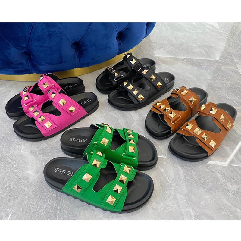 Women Flip Flops Flats Big Size Female Shoes Summer New Rivet 2023 Casual Indoor Round Toe Ladies Slides Outside Cloud Slippers