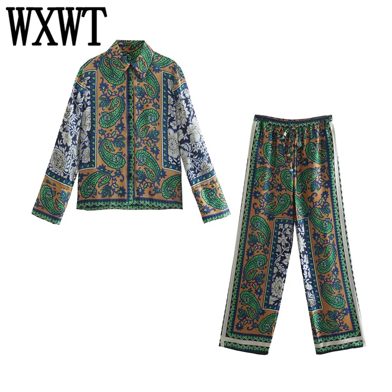

WXWT Women Geometry Print 2 Piece Sets Turn-down Collar Long Sleeve Shirt With Elastic Waist Long Pants Fashion Streetwear Set