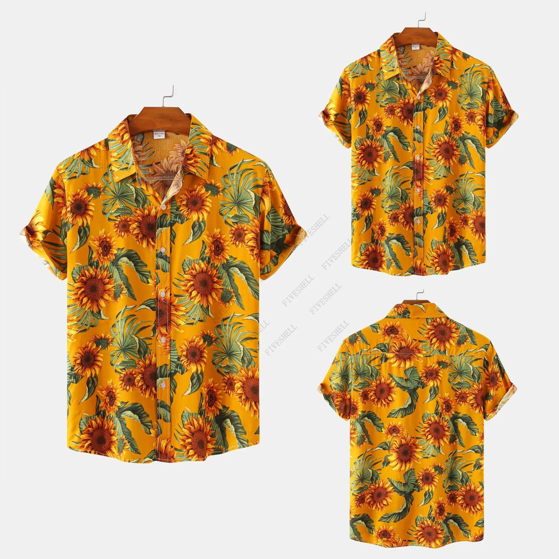 2023 Sunflower Print Hawaiian Shirt Men Summer Casual Button Up Short Sleeve Beach Floral Shirts Men Holiday Aloha Party Shirt