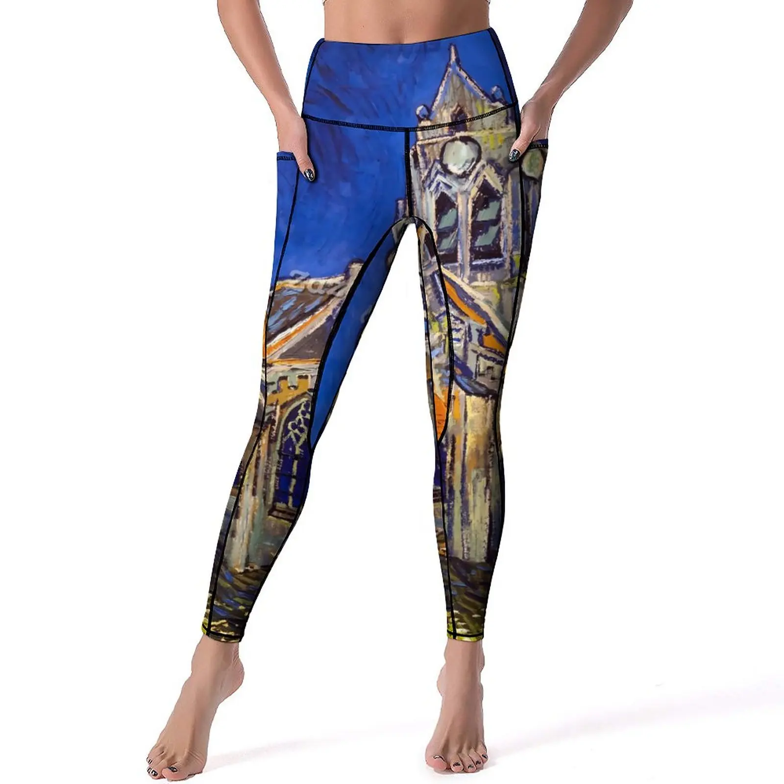 

Брюки для йоги с карманами, Винсент Ван Гог, церковные женские леггинсы, сексуальные спортивные колготки с высокой талией для йоги, эластичные дизайнерские леггинсы для спортзала