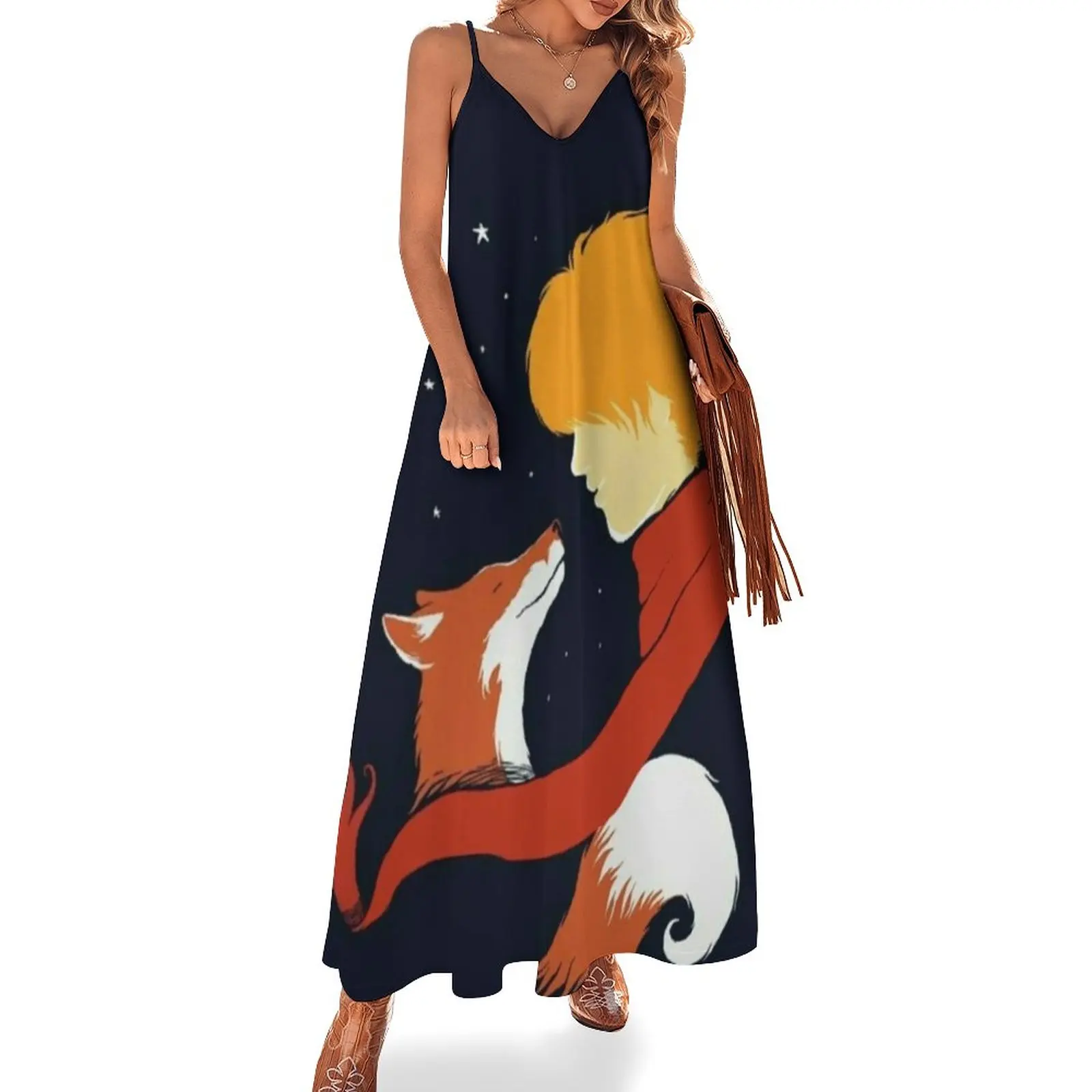 

Little Prince Dress Cute Fox Print Kawaii Maxi Dress V Neck Boho Beach Long Dresses Straps Korean Fashion Big Size Vestidos