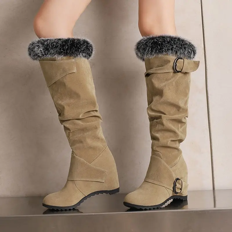 ASILETO Модные женские сапоги до колена из флока замши круглые ботинки на танкетке 7