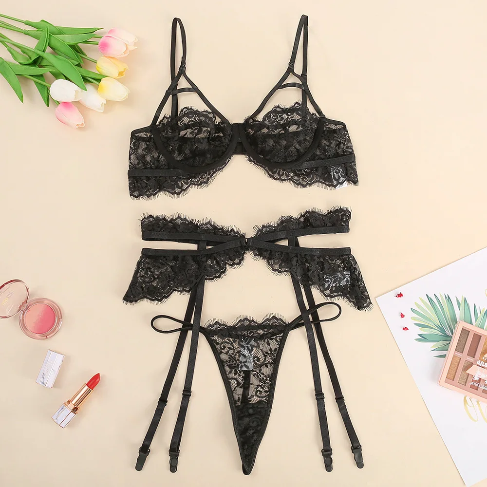 Sexy Lingerie Set Eyelash Lace Women's Underwear 3-piece Embroidered Black Erotic |