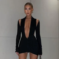 sunny y j long sleeve deep v neck hollow out ruched mini dress 2022 bodycon sexy streetwear party club clothes