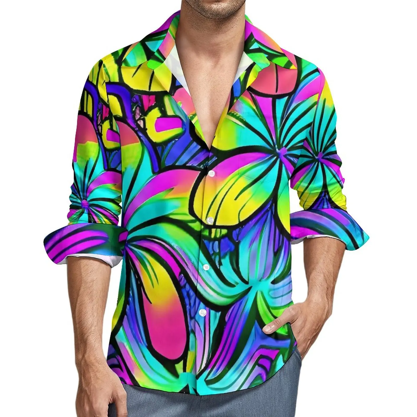 

Colorful Floral Shirt Autumn Hawaiian Flower Power Casual Shirts Male Vintage Blouses Long Sleeve Graphic Y2K Clothing Big Size